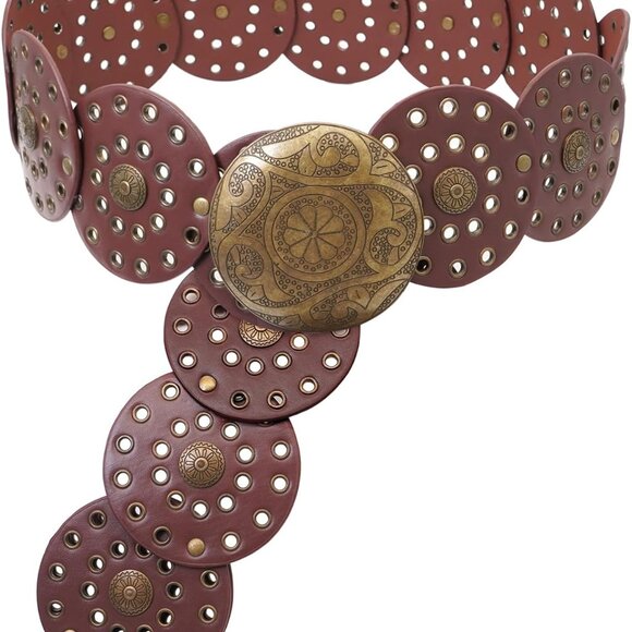 Wide Disc Belts for Women Vintage Western Waist Belt Concho Leather Disk Belt Bo